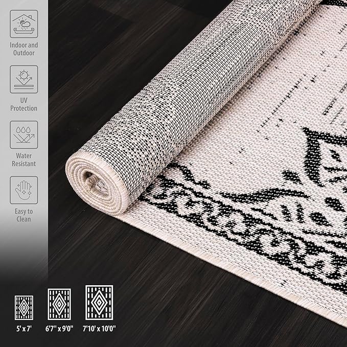 CAMILSON Outdoor Rug, 8x10 Medallion White Black Modern Area Rugs for Indoor and Outdoor Patios, Kitchen and Hallway Mats, Washable Porch Deck Outside Carpet (Medallion White, 8 x 10)