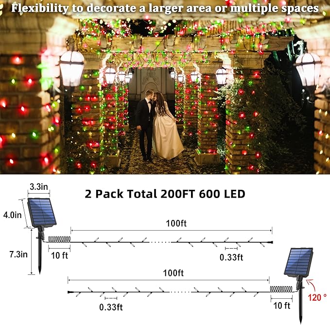 2-Pack 200FT Solar String Lights for Outside, 600 LED Extra-Bright Solar Light Outdoor with 19 Modes & Timer, Waterproof Fairy Solar Lights for Garden Patio Tree Christmas Decorations Red & Green