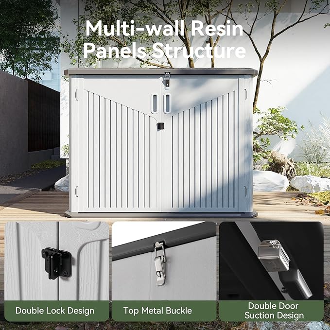 Aoxun 35 Cu.Ft Outdoor Storage Shed, Waterproof Horizontal Resin Cabinet for Trash Cans, Lawn Mowers, Generators, and Garden Tools, White