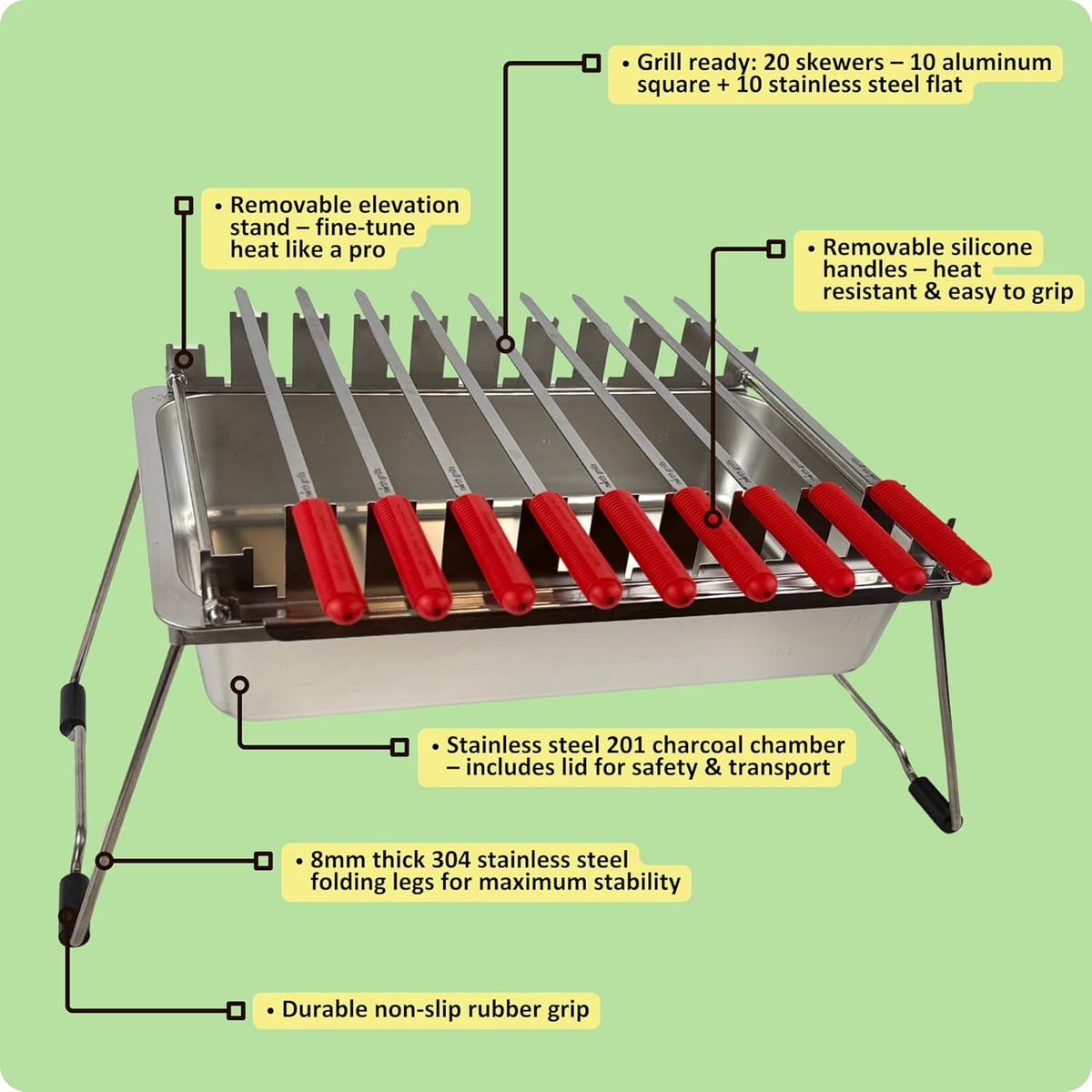 𝗖𝗵𝗮𝗿𝗰𝗼𝗮𝗹 𝗞𝗮𝗯𝗼𝗯 𝗚𝗿𝗶𝗹𝗹 by 𝗡𝗼𝗿𝘁𝗵 𝗚𝗿𝗶𝗹𝗹𝘀: precise heat control, silicone-handle square & flat skewers, charcoal starter tool, tongs, BBQ gloves, and storage & travel bags.