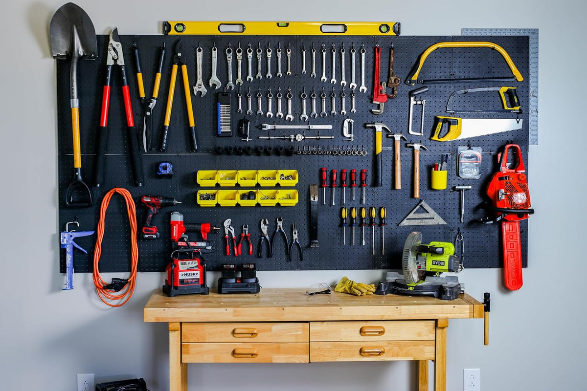 WallPeg Pegboard Panels Garage Organization - 12 ea (24"x16") Black Peg Board Panel Set - (PB-1-B) Tool Organizer, Crafts, Shop, Home, Office, Wall Storage Kit