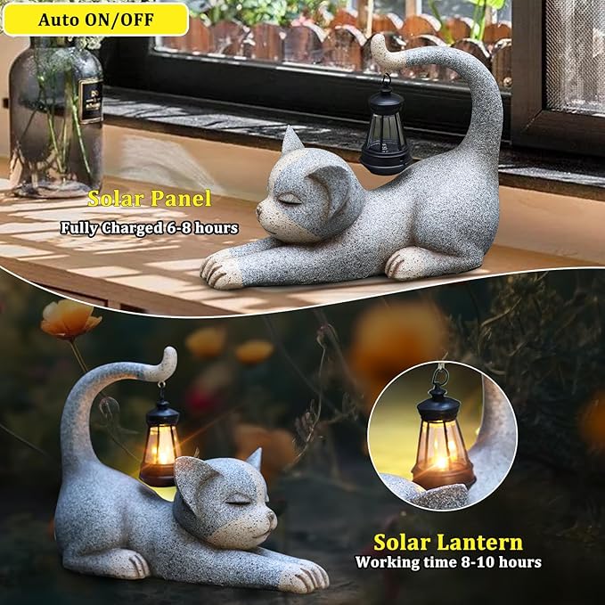 Choies Solar Cat Garden Statue Outdoor Decor,Cat Garden Sculpture for Outside,Cats Figurines Gifts for Women,Mom,Cat Outdoor Decoration for Home,Garden,Patio,Yard