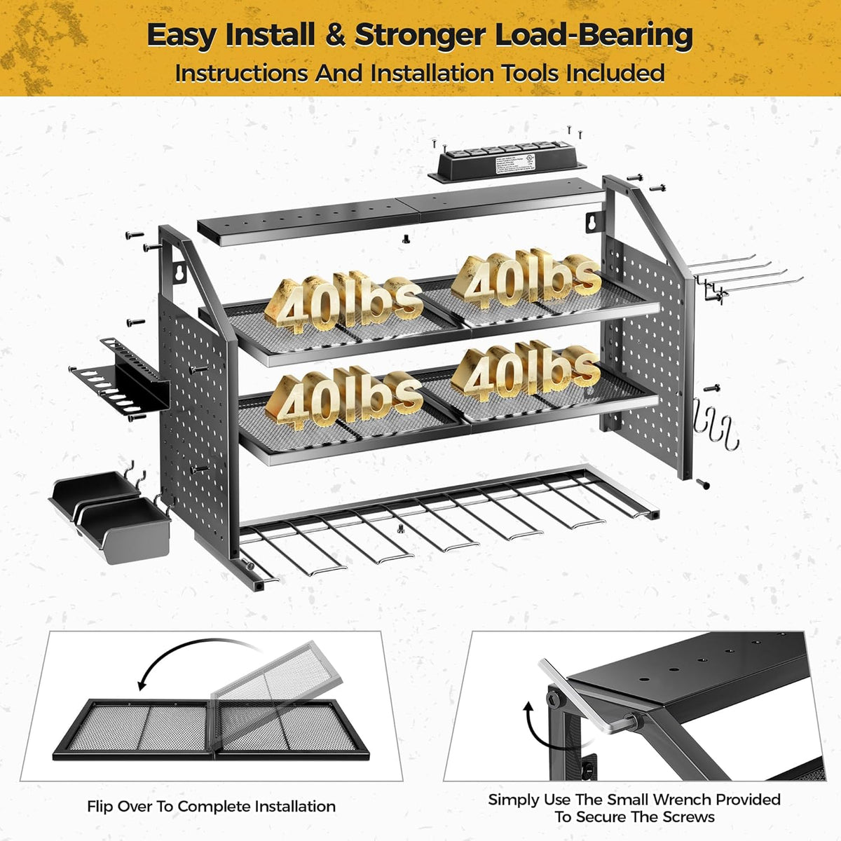 LBT 4 Layer Power Tool Organizer Wall Mount With Charging Station, Patented, 6 Outlet Power Strip, 6 Drill Holder, Heavy Duty Metal Garage Tool Storage Rack, Gifts For Men Fathers Day