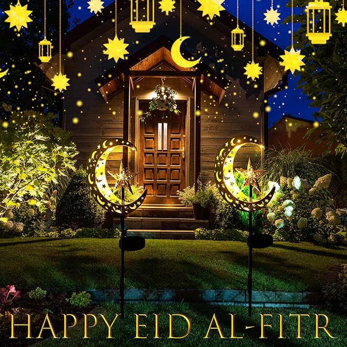 2 Pcs Ramadan Solar Lights Ramadan Decorations Outdoor Mubarak Star Moon Solar Stakes Lights Waterproof for Eid Decorations Outdoor Garden Walkway Lawn Patio Yard(Star)