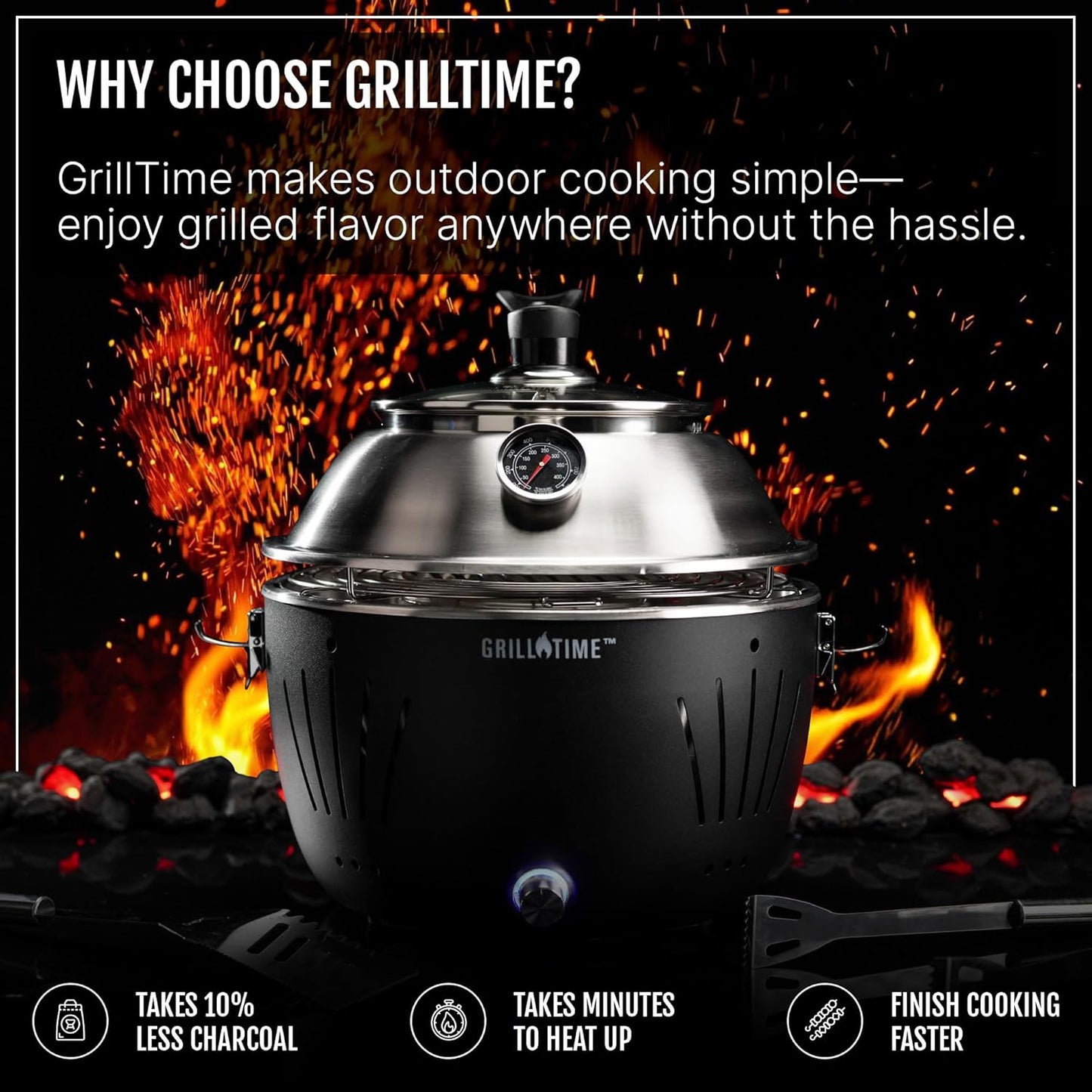 GrillTime Tailgater GT Hood Combo 13 Inch - Portable Charcoal Grill with Hood, Small Tabletop Grill for Tailgate Parties, Camping, Beach BBQ, Blue