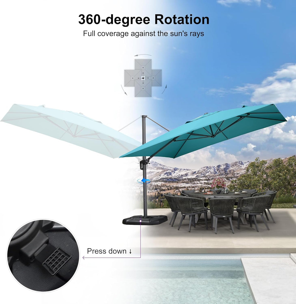 PURPLE LEAF 11.5' X 11.5' Telescopic Patio Umbrella Outdoor Cantilever Umbrella Square Up Down Lifting Offset Umbrella with 360-degree Rotation for Garden Deck Pool Patio Turquiose