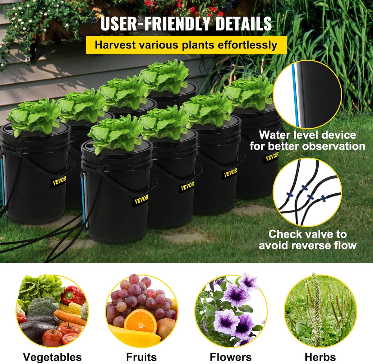 VEVOR DWC Hydroponic System, 5 Gallon 8 Buckets, Deep Water Culture Growing Bucket, Hydroponics Grow Kit with Pump, Air Stone and Water Level Device, for Indoor/Outdoor Leafy Vegetables