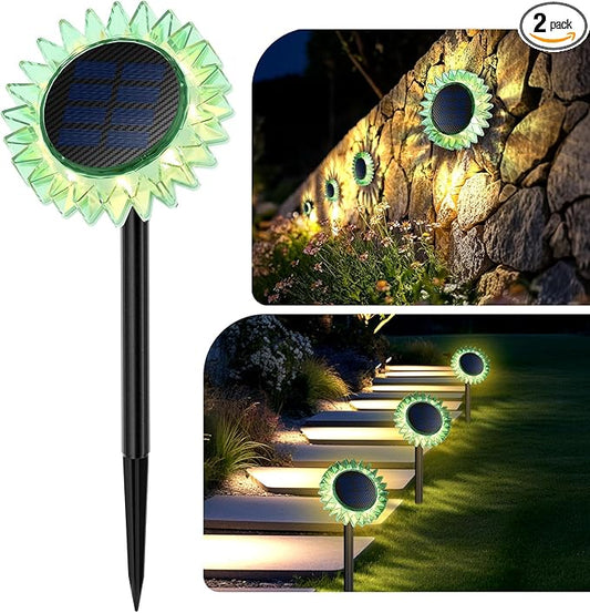 Hogni Solar Pathway Lights - 2 Pack LED Sunflower Garden Light, Waterproof Outdoor Decor for Wall, Lawn, Yard, Walkway, Patio, Landscape