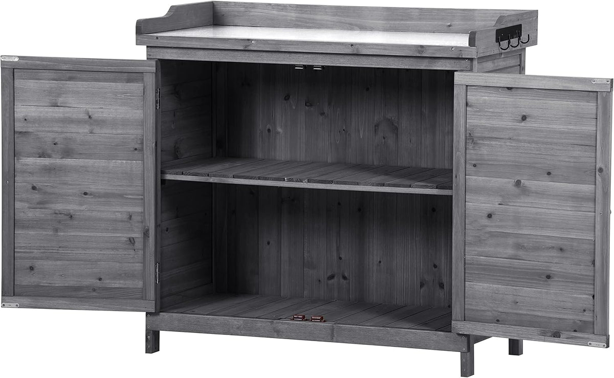 Merax Outdoor 39" Potting Bench Table, Rustic Garden Wood Workstation, Storage Cabinet with 2-Tier Shelves and Side Hook, Grey
