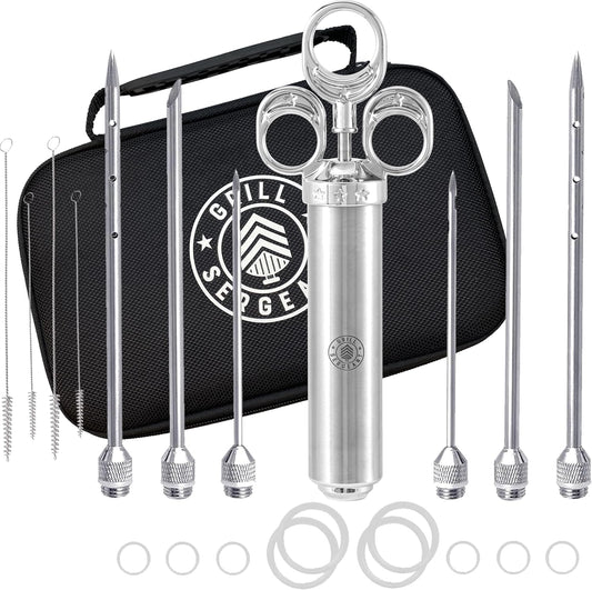 GRILL SERGEANT Professional Meat Injector, Marinade Syringe Set, Forever Guarantee, Zippered Storage & Travel Case, 304 Stainless Steel, No Aluminum, 6 Needles, 2.5 oz Capacity, 4 Cleaning Brushes