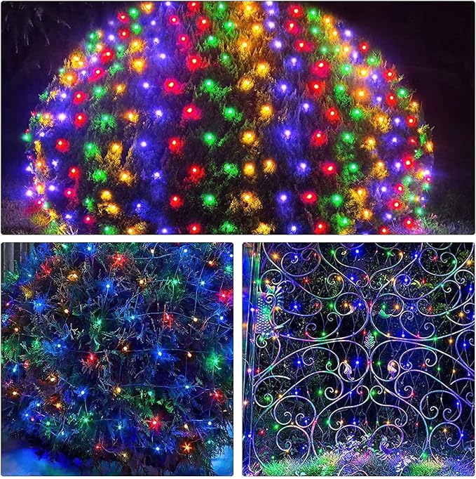 Christmas Net Lights, 204 LED Outdoor Mesh Lights Waterproof, Bush Solar Net Lights with 8-Lighting Modes for Tree Garden Yard Christmas Wedding Party Decoration(Multi-Colored)