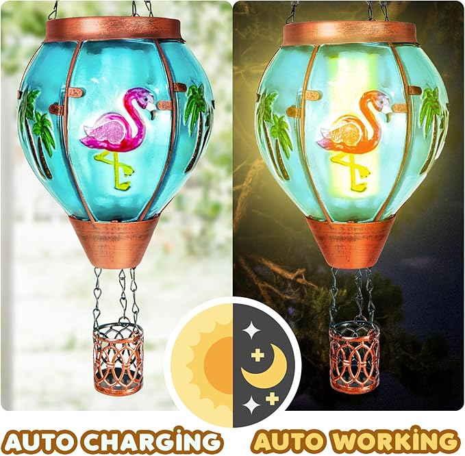 4 Pack Solar Hot Air Balloon Lantern with Flame， Flamingo Glass Solar Outdoor Lights Decorative for Outdoor Patio Garden Decor, Flamingo Gifts for Women Grandma Mom - Flamingo