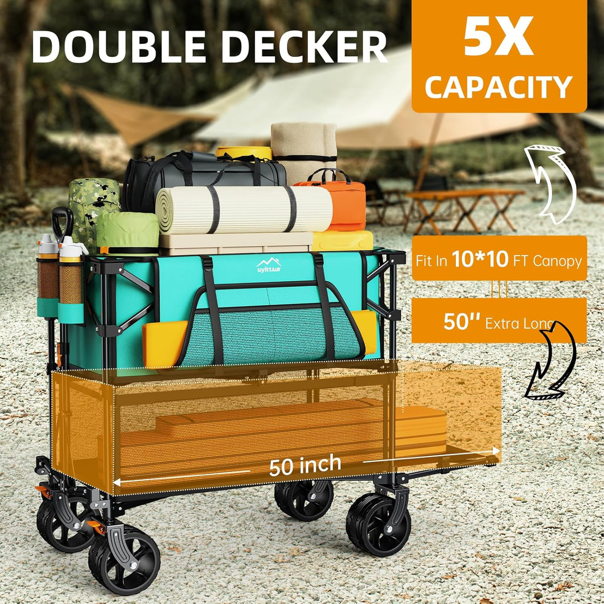 Foldable 50''L Extra Long Double Decker Wagon for Sport, 400L Collapsible Heavy Duty Wagon Cart with Big Wheels, Utility All-Terrain Large Extender Cart for Outdoors, Light Blue