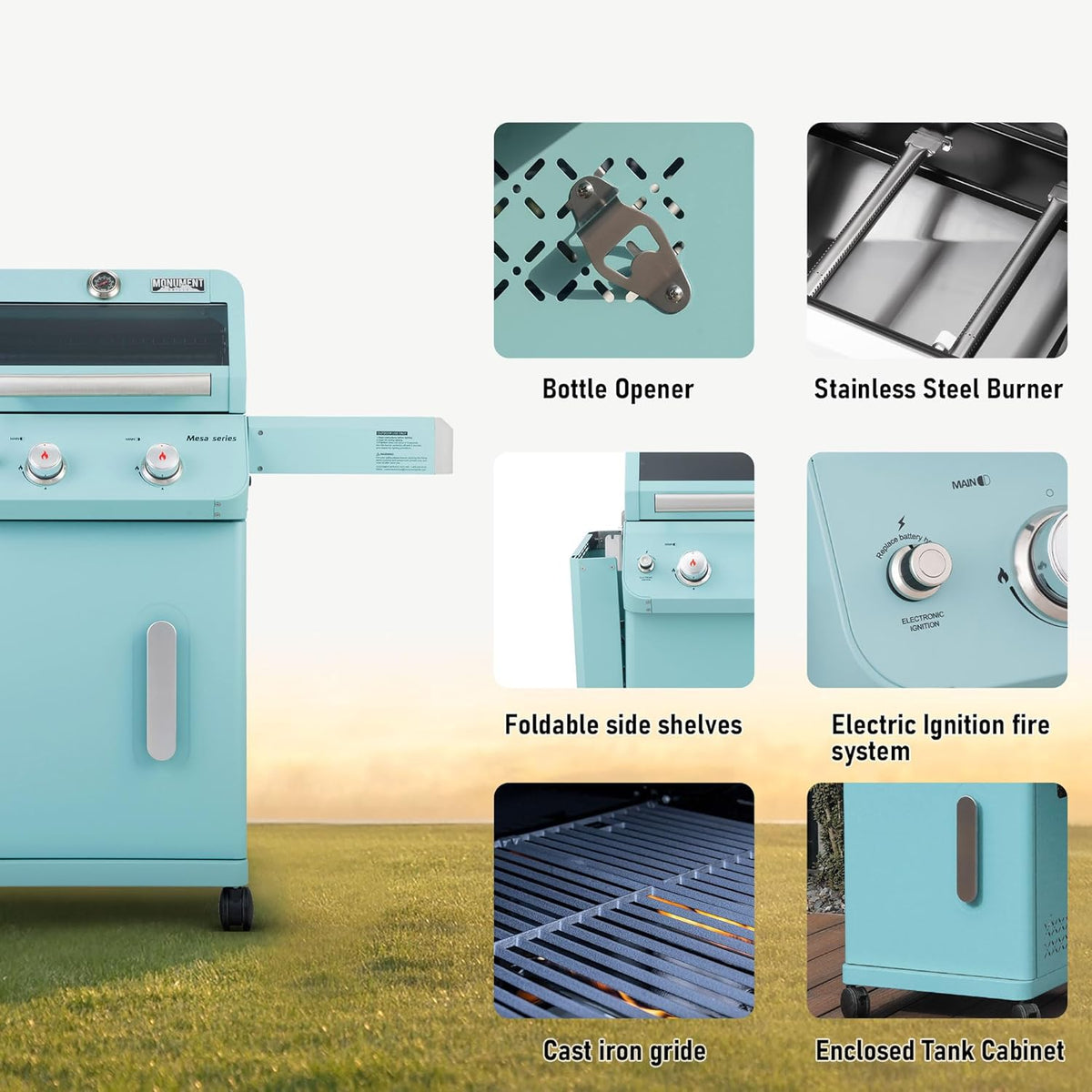 Monument Grills 2-Burner Stainless Steel Liquid Propane Gas Patio Garden Barbecue Grill with Clearview® Lid, Knob Control and Two Foldable Shelves Mesa200G, Green