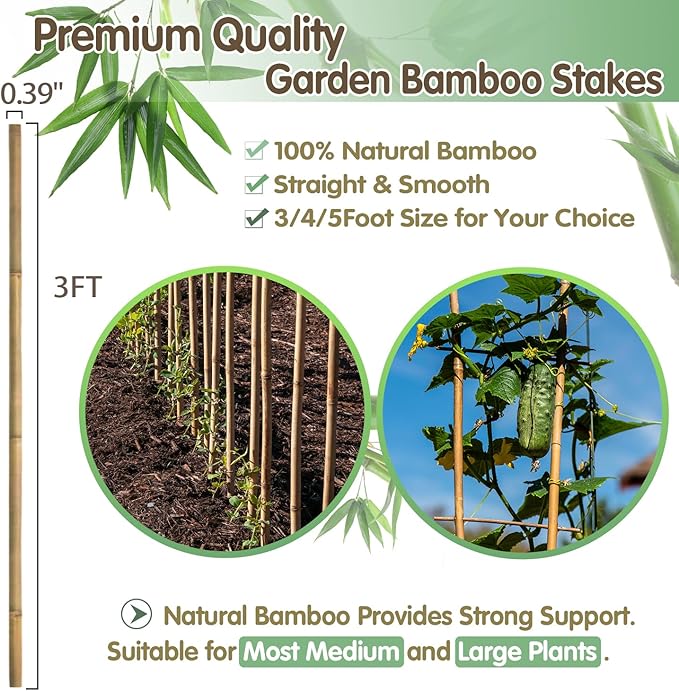 Bamboo Stakes,3FT Natural Bamboo Garden Stakes,BOVITRO 25Pcs Bamboo Plant Stakes,Bamboo Sticks for Tomato,Beans,Vegetable and Climbing Plants
