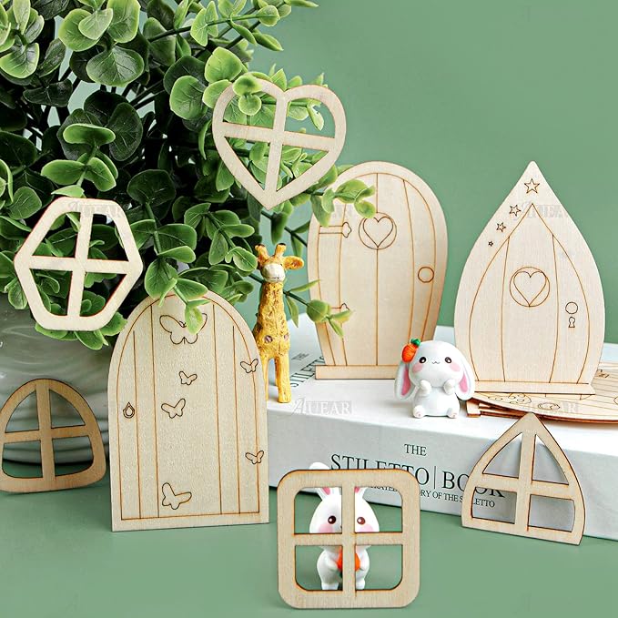 AUEAR, 48 Pack Fairy Door Miniature Wooden Garden Doors Windows Unfinished Window Accessories Unpainted Mini House DIY Craft for Wall Home Party Decoration (Style B)