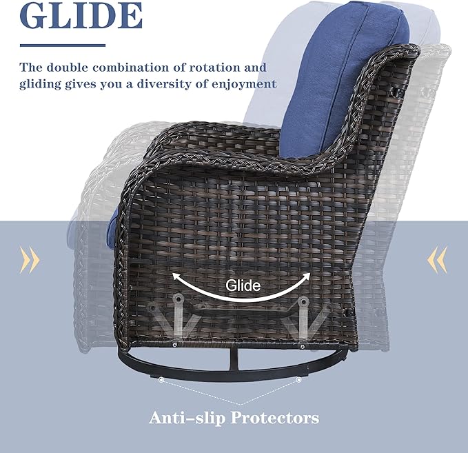 5 Pieces Patio Furniture Sets Wicker Outdoor Furniture, Rattan Patio Swivel Glider Chairs with 2 Ottoman and Glass Side Table