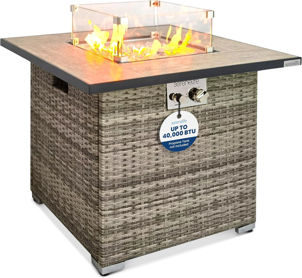 SereneLife Outdoor Propane Fire Pit Table - CSA/ETL Certified Safe 50,000 BTU Pulse Ignition Weatherproof Square Wicker Propane Gas Fire Table w/Tile Tabletop Adjustable Flame - Glass Rocks
