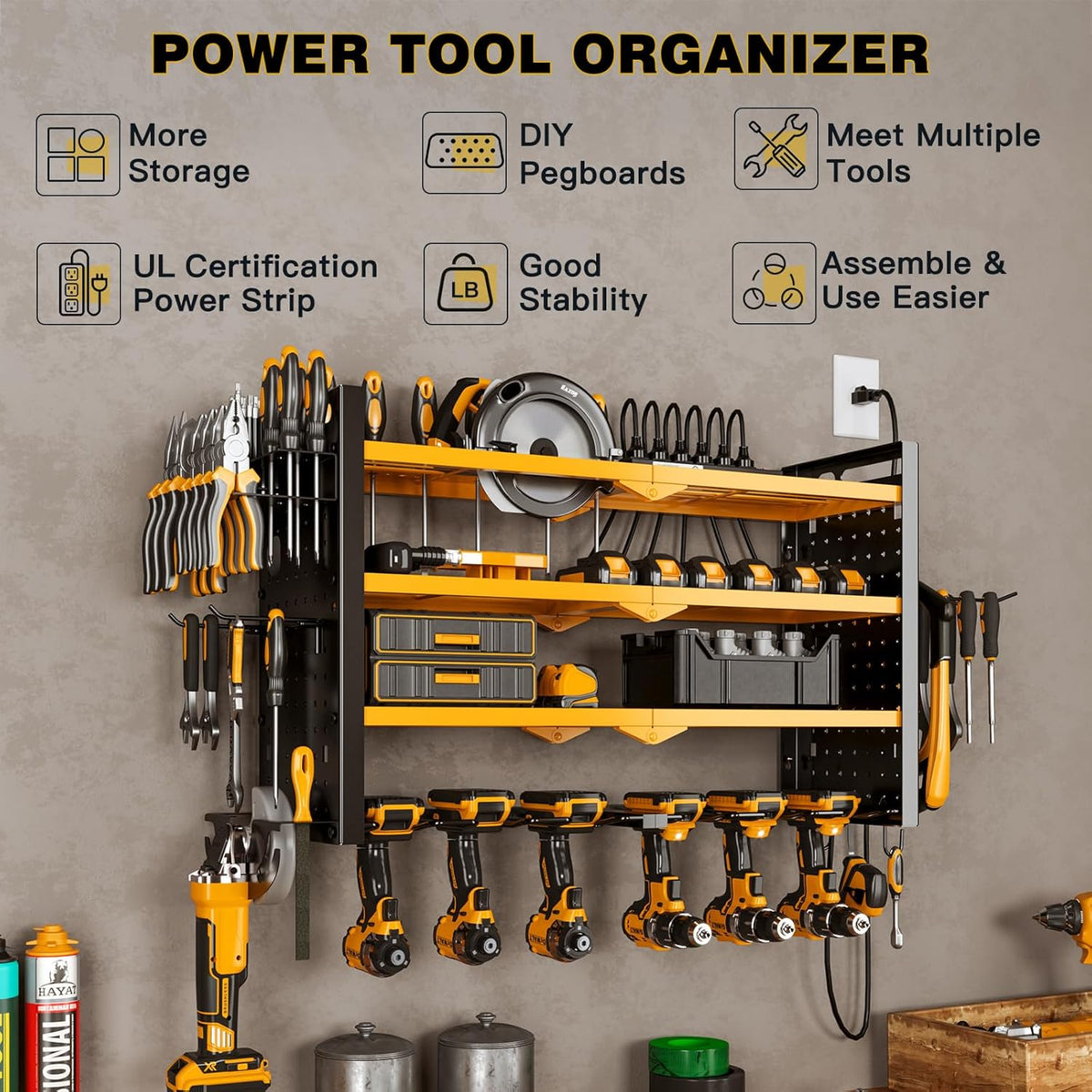 Power Tool Organizer Wall Mount with Charging Station 4 Layer 6 Slot Cordless Drill Holder with Angle Grinder Holder (Yellow)