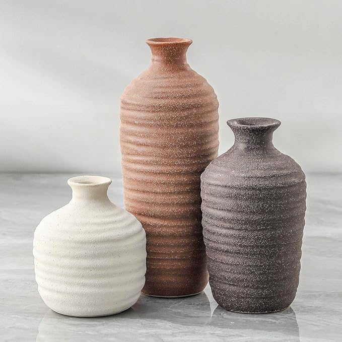 Ceramic Vase Set of 3 Neutral Decorative Vase for Farmhouse, Boho, or Rustic Home Decor Pottery Vases for Pampas Grass Living Room Bedroom Table Mantel Entryway Shelf (01-Brown)