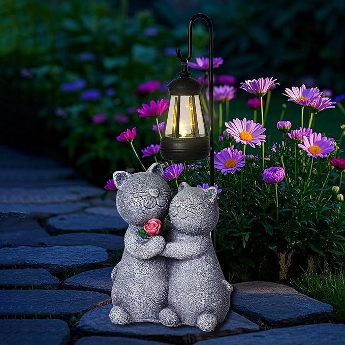 Cat Garden Statues with Solar Lantern Romantic Resin Kitty Couple Holding Rose Funny Cat Decor Gifts for Women Cats Figurines for Yard Lawn Porch Patio Decor