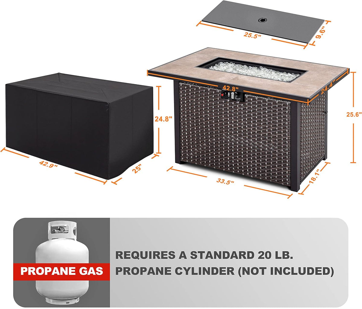 Nuu Garden Outdoor 43 Inch 50,000 BTU Propane Gas Fire Pit Table, Propnae Fire Pit with Ceramic Tabletop, Oxford Cover, Dark Brown and Coffee