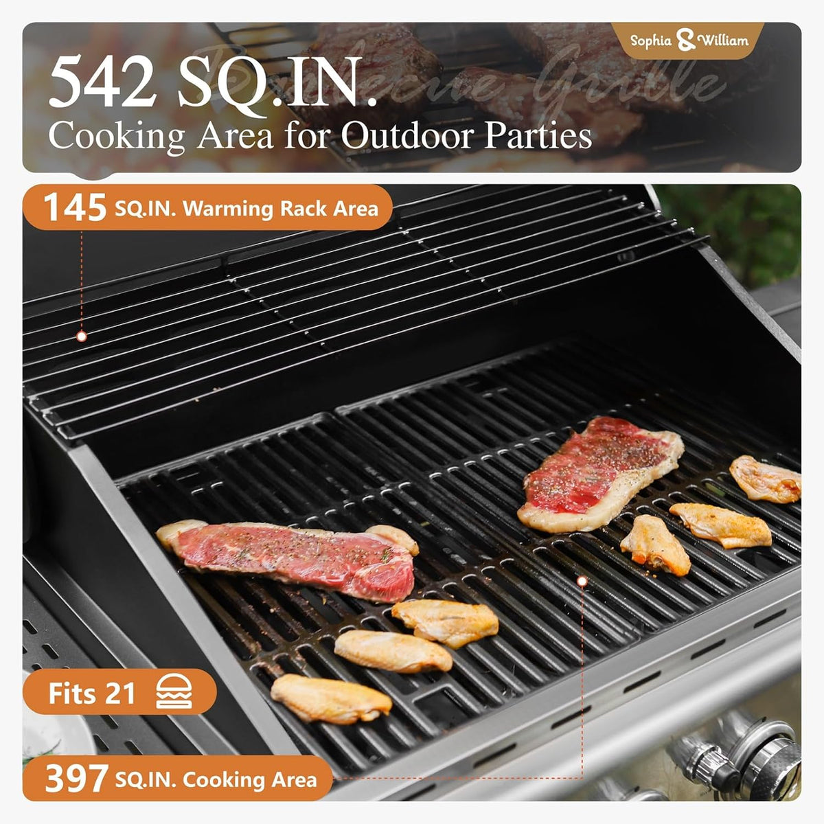 Sophia & William 4-Burner Gas BBQ Grill with Side Burner and Porcelain-Enameled Cast Iron Grates, 42,000BTU Propane Grills Outdoor Cooking Barbecue Grill Cabinet Style, Golden