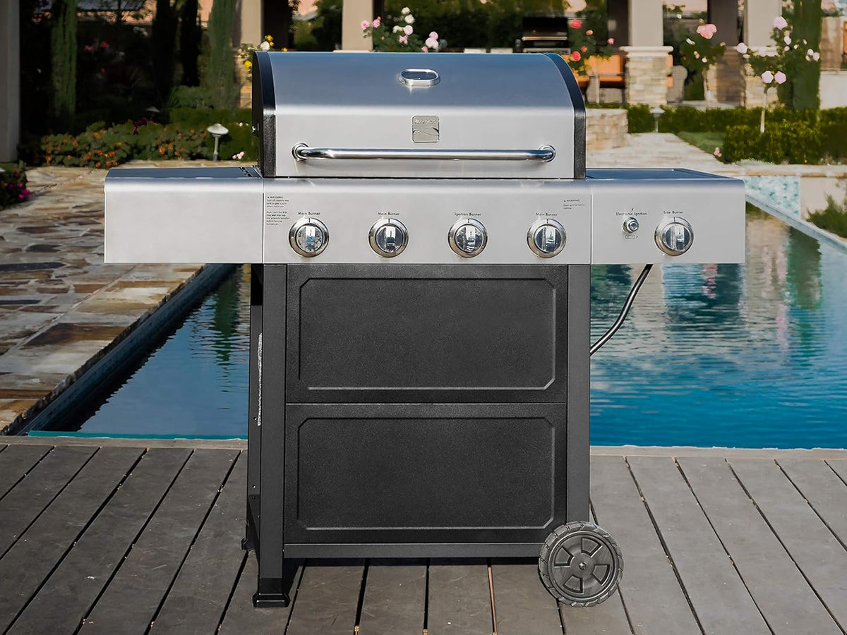 Kenmore 4-Burner Gas Grill with Side Burner, Outdoor BBQ Grill, Propane Gas Grill, Cast Iron Cooking Grates, Electronic Ignition, Warming Rack, Open Cart Design, 53000 BTUs, Stainless Steel and Black