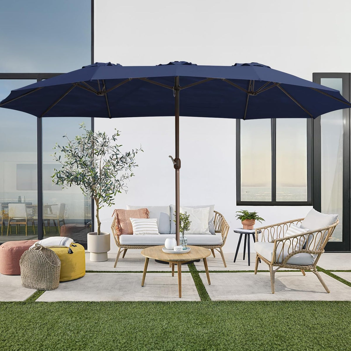 JEAREY 15FT Patio Umbrella Large Outdoor Umbrella Extra Double-Sided Market Umbrella with Crank Handle for Garden, Deck, Backyard and Pool, Navy