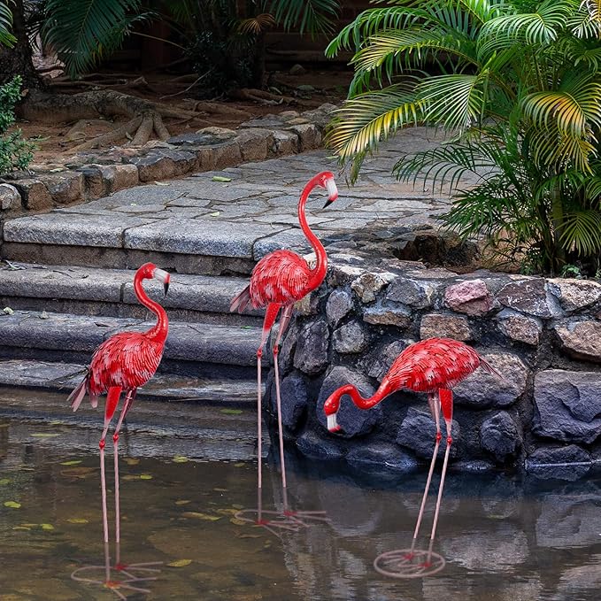 3Pcs Metal Flamingo Statues, Hot Pink Flamingo Outdoor Decor for Garden Home Patio Lawn Backyard Ornaments