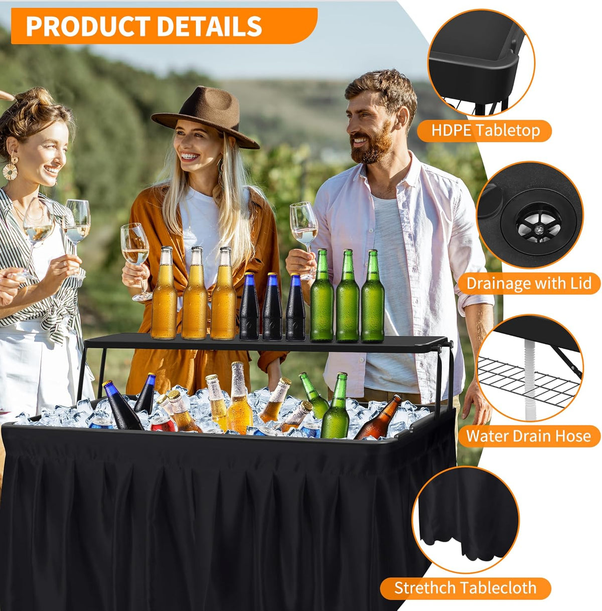 Portable Folding Ice Cooler Table - Two-Tier Outdoor Cooler Table with Removable Matching Skirt and Shelf, Ice Tables for Party, Camping, Picnic, Foldable Self-Serving Beverage Cooling Bar(Black)