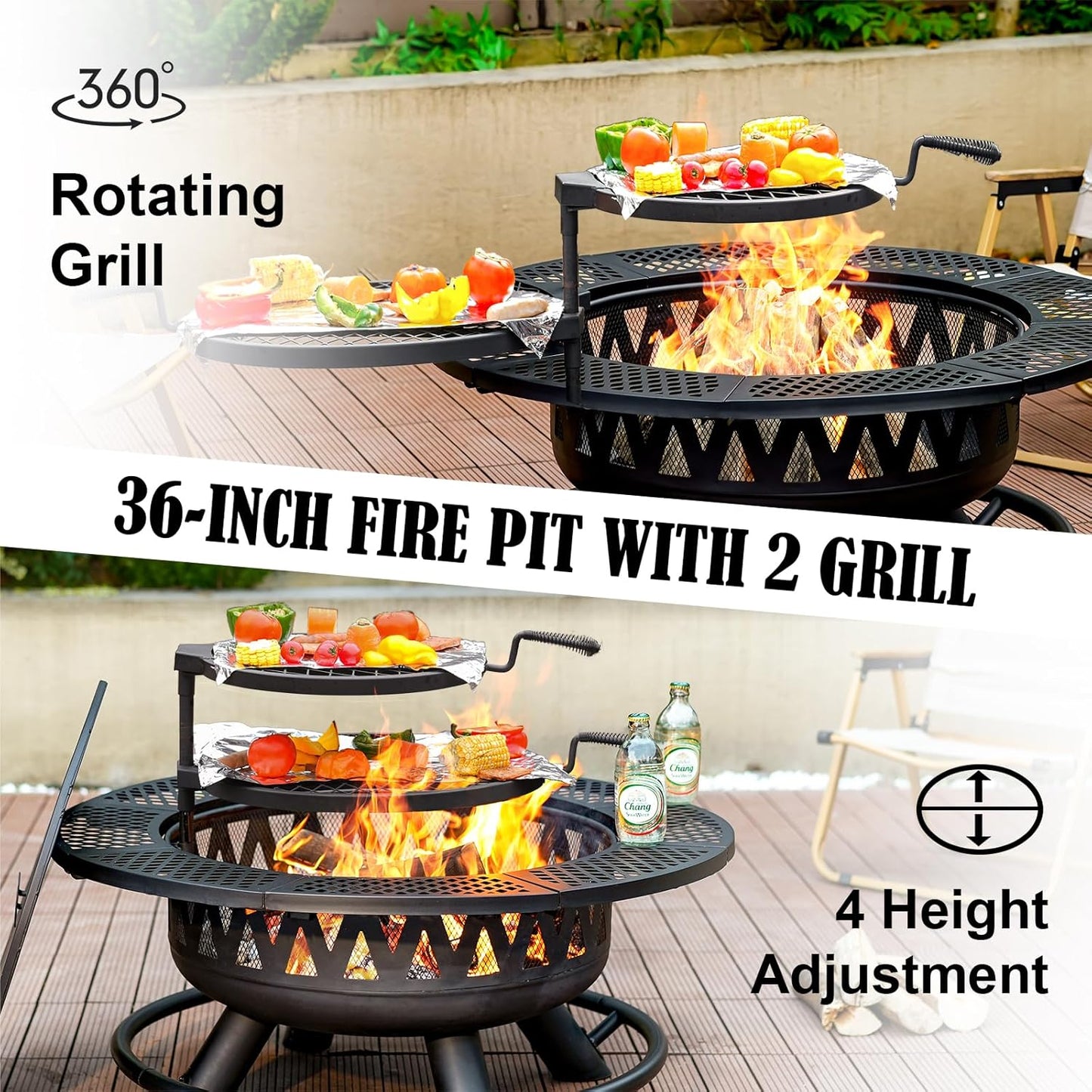 36 Inch Fire Pit with 2 Grills, Large Outdoor Firepits for Outside, Wood Burning Fireplace for Camping,Picnic,Bonfire, 3-in-1 Round Metal Table with Lid for Backyard,Patio,Party
