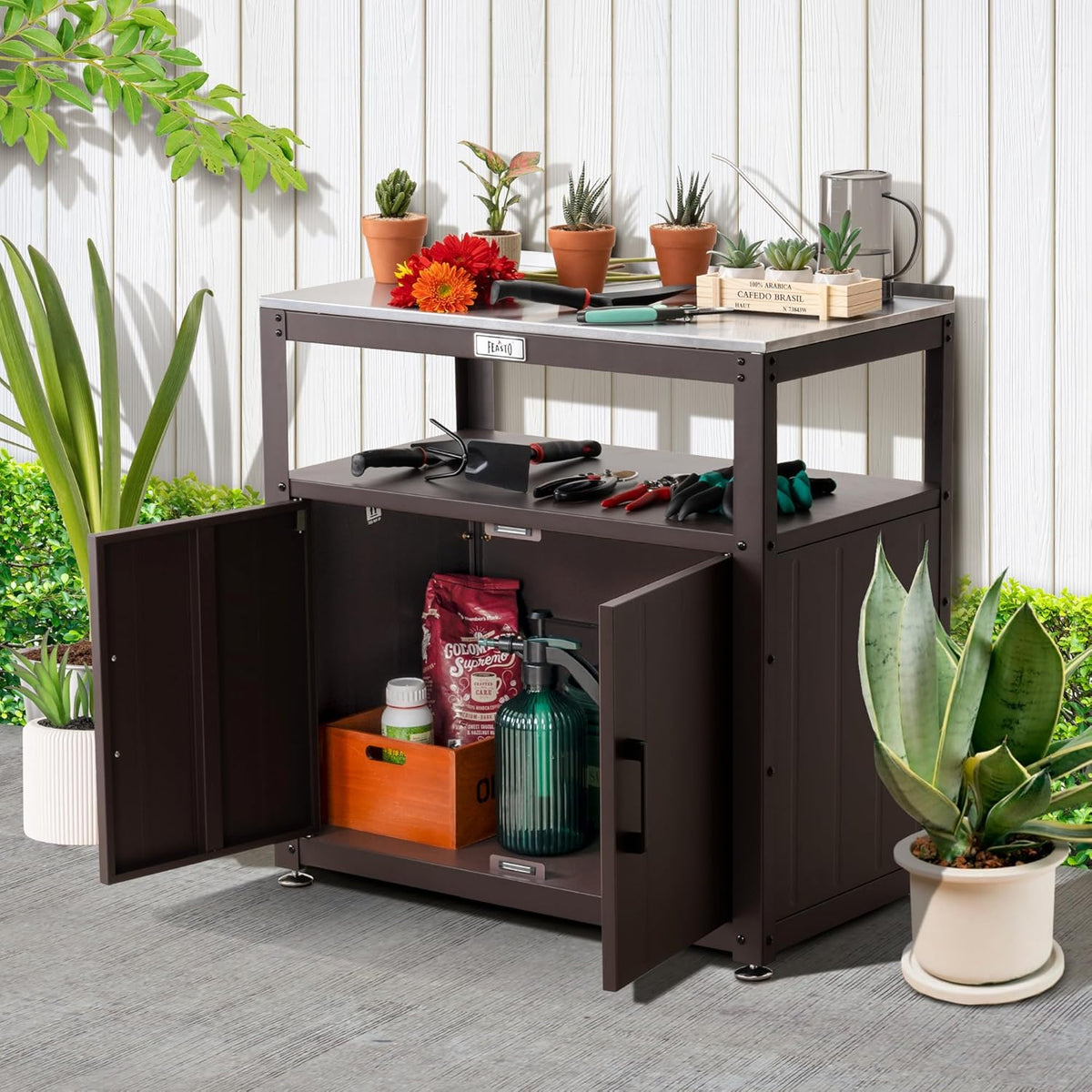 Garden Potting Bench with Storage Cabinet,Outdoor Gardening Table & Work Bench for Plants, Horticulture,Outdoor Workstation with Stainless Steel Tabletop,Outdoor Work Table