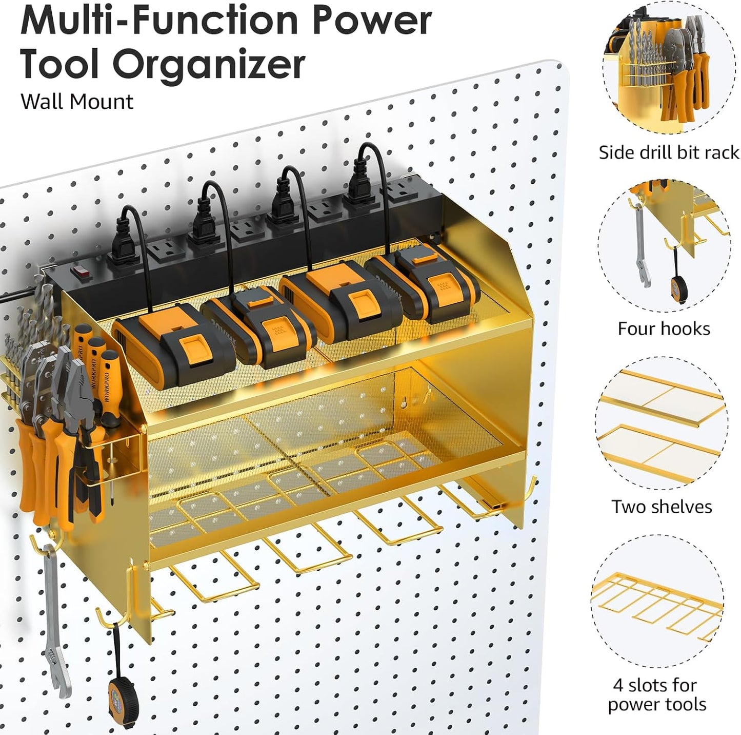 CCCEI Modular Power Tool Organizer Wall Mount with Charging Station. Garage 4 Drill Storage Shelf with Hooks, Drill Bit Heavy Duty Rack, Gold Tool Battery Holder Built in 8 Outlet Power Strip.