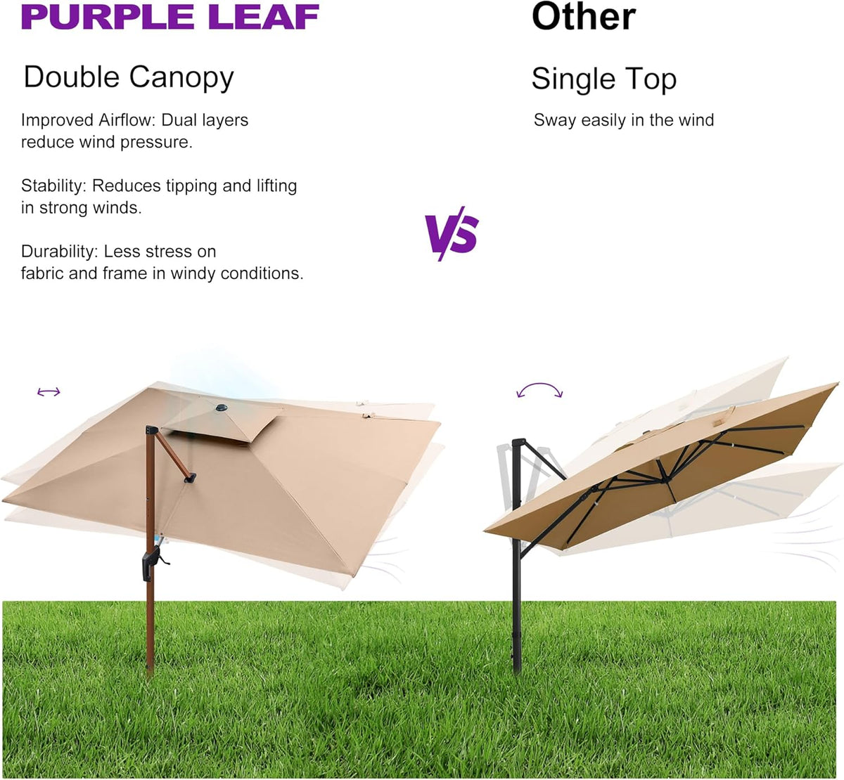 PURPLE LEAF 12ft Patio Umbrella Outdoor Square Umbrellas Large Cantilever Umbrella Windproof Offset Umbrellas Heavy Duty Sun Umbrella for Garden Deck Pool Patio, Beige