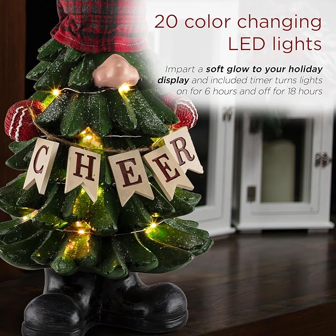 Alpine Corporation 28" H Polyresin Christmas Tree Cheer Gnome Decoration with Color Changing LED Lights, Christmas Decoration