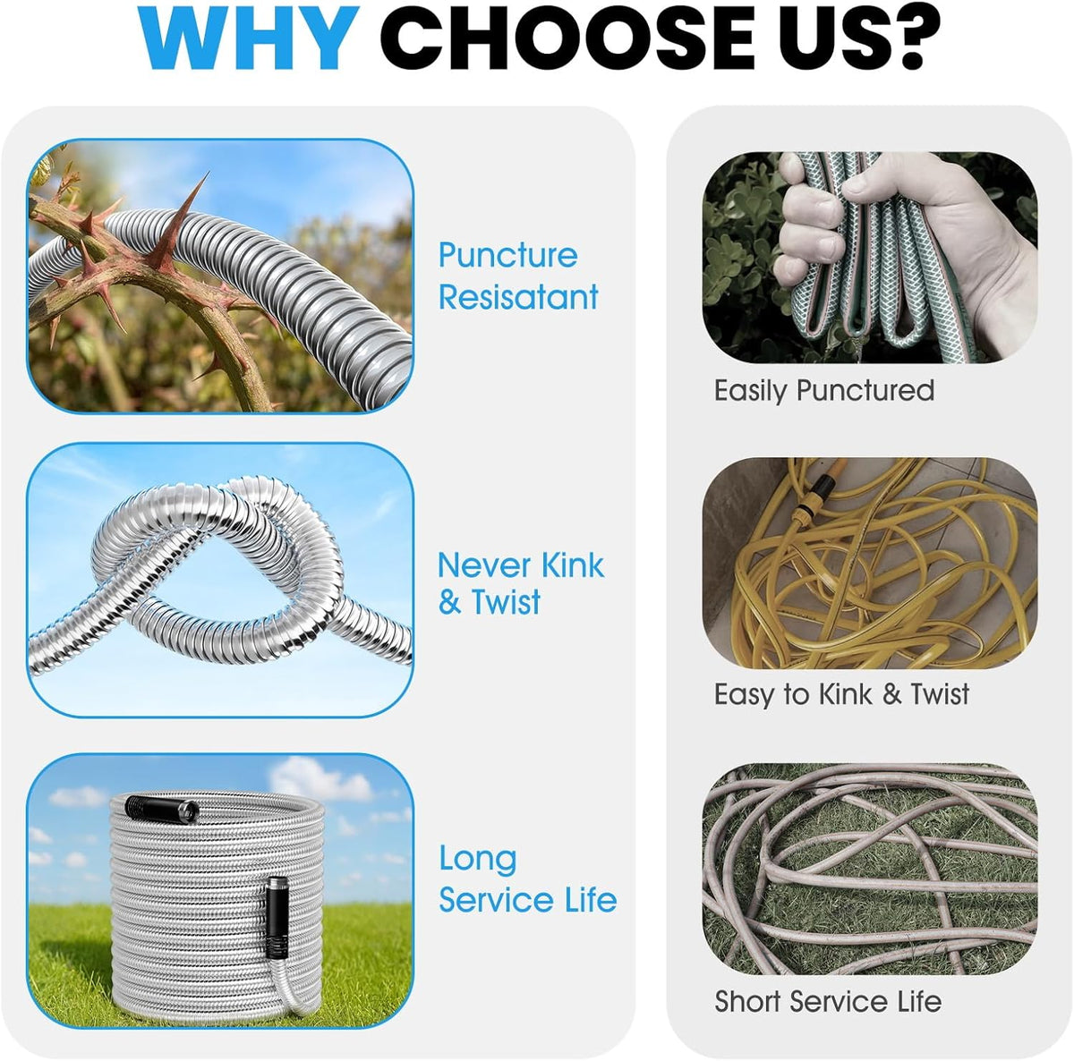 Garden Hose Metal 15 FT, Flexible Stainless Steel Water Hose, Kink Free, Connectable Short Hose, Lightweight & Durable, Crush Resistant Fitting, Puncture Proof Hose for Yard, Rv, 600 PSI 2025 New