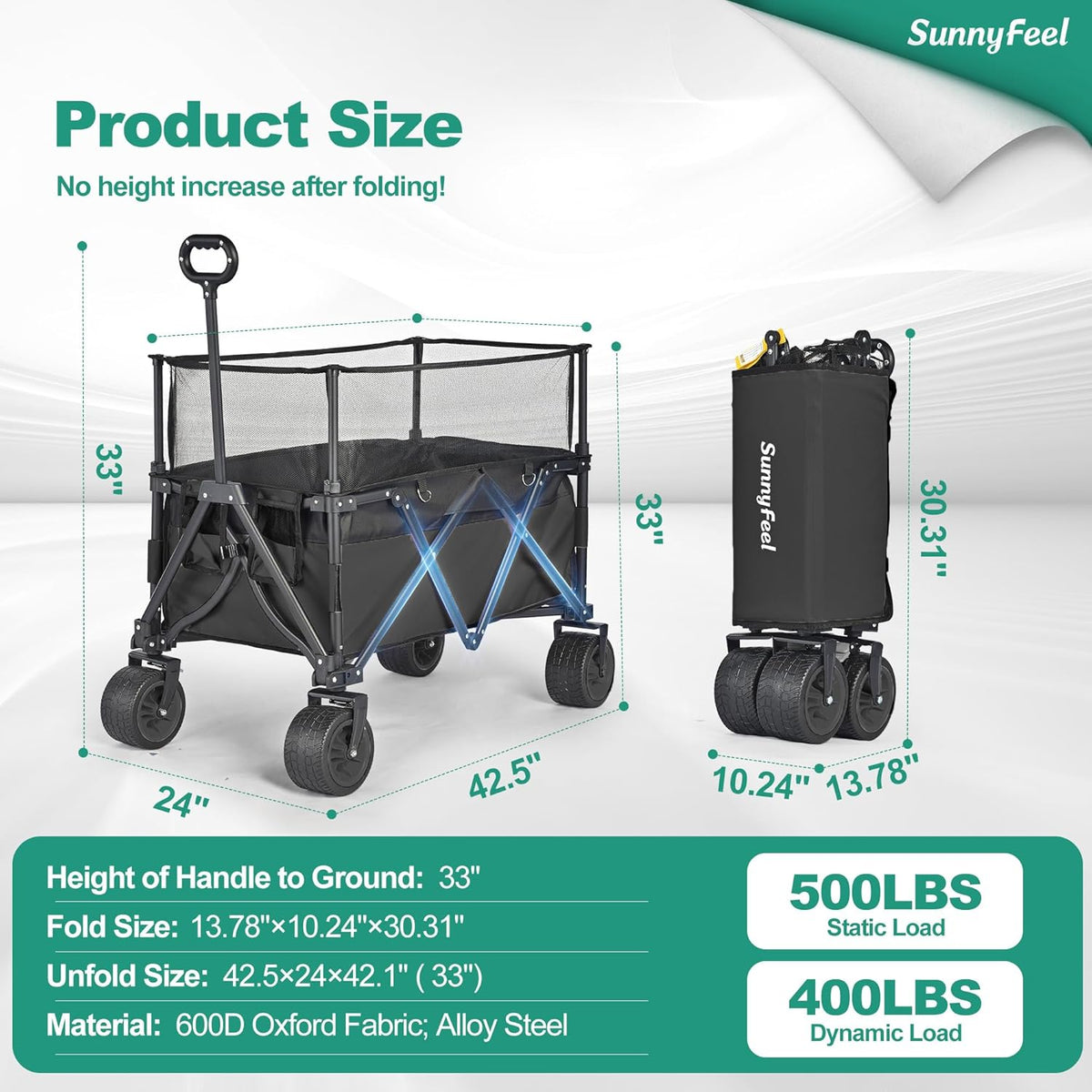 SUNNYFEEL Heavy Duty Collapsible Outdoor Utility Wagon Cart 500LB Capacity Adjustable Handlebar,Foldable Beach Wheels Stable Durable Oxford Fabric for Shopping Garden Camping (Black, Tall Version)