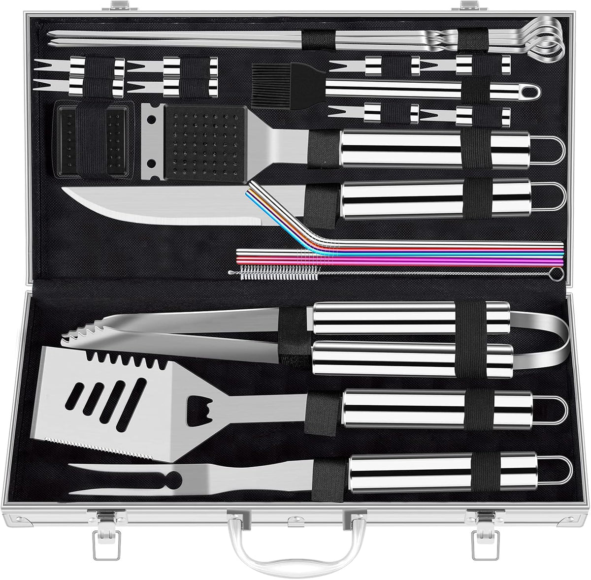 ROMANTICIST 25pcs Extra Thick BBQ Grill Accessories, Fathers Day Grilling Gifts Set for Men Dad, Heavy Duty Grill Tools Utensils Kit with Spatula, Tongs in Aluminum Case for Birthday Silver