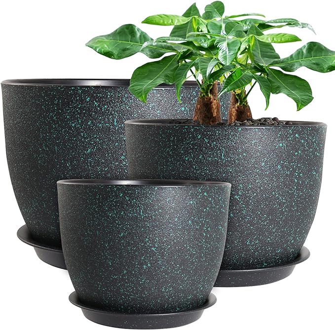 12/10/9 Large Modern Plant Pots, Plastic Planters with Drainage Holes and Saucers for Indoor Outdoor Plants Flowers, Black with Green Speckles