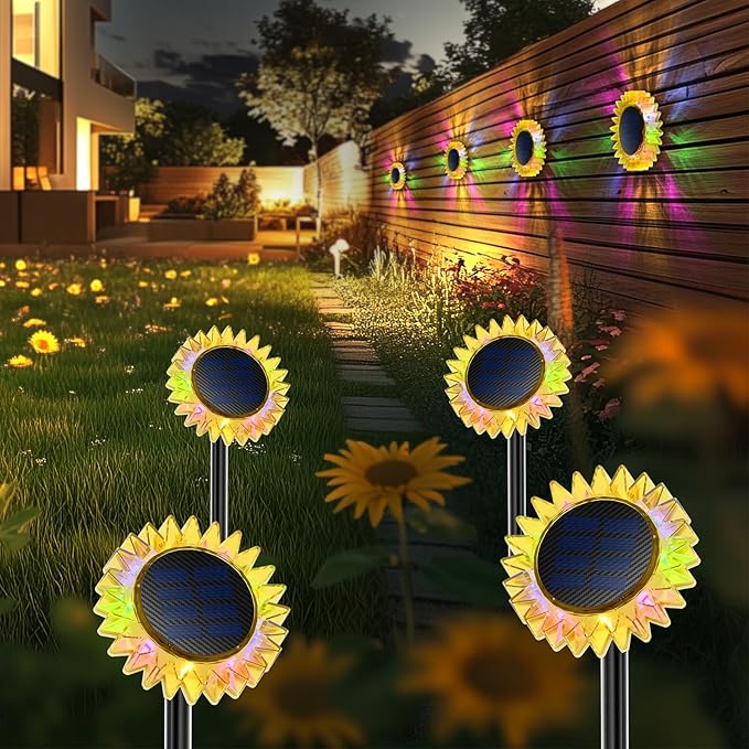 Hogni 4PK Solar Garden Lights, Ground Stake/Hang 2 in 1 Solar Sunflowers Outdoor Waterproof IP67, Outdoor Decor for Pathway Walkway Landscape Backyard Fence Decoration