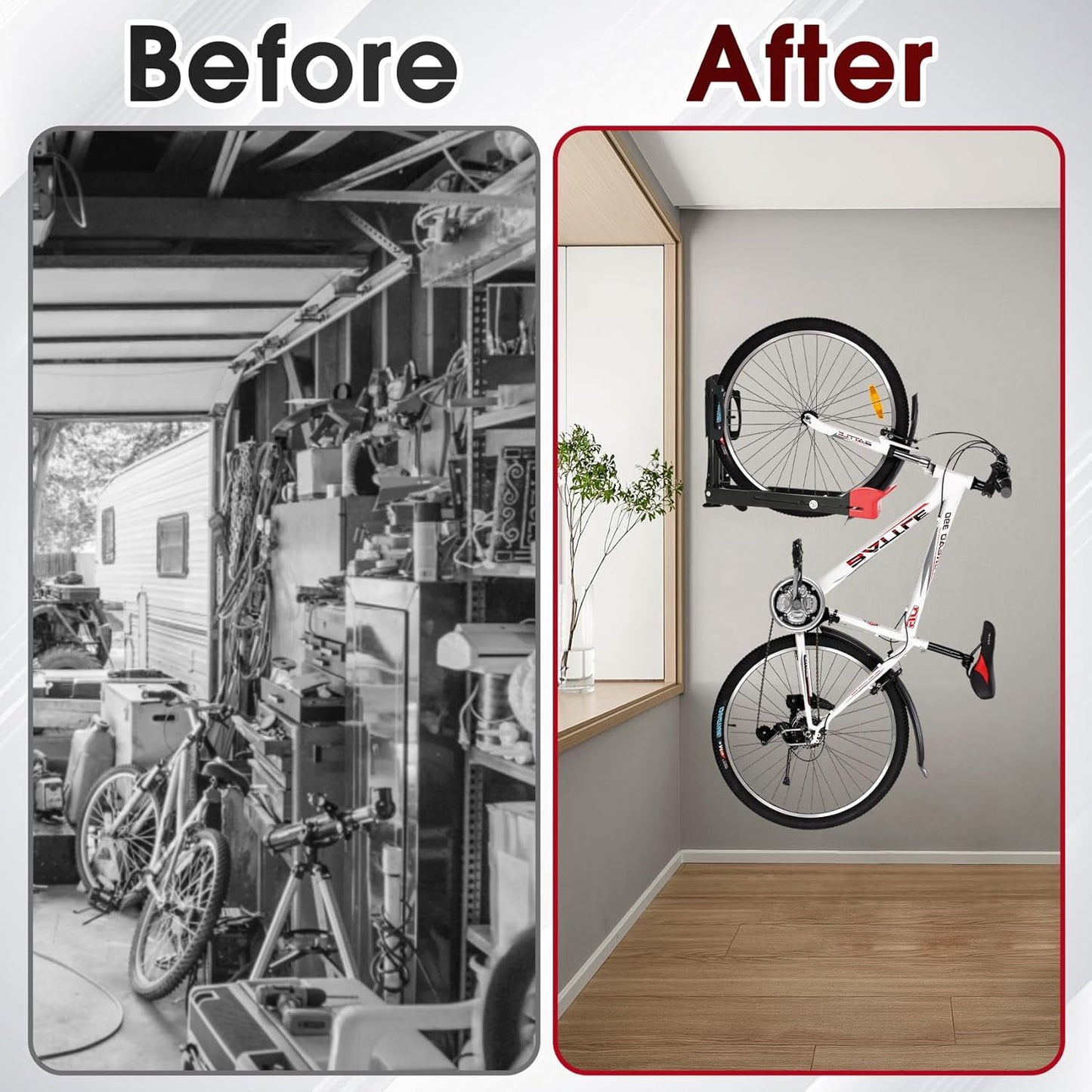 Bike Wall Mount Rack - Heavy-Duty Foldable Vertical Bicycle Storage with Hooks, Space Saving Wall-Mounted Organizer for Mountain/Road/Kids Bikes - Anti-Scratch & Tool-Free Install, Holds 70lbs