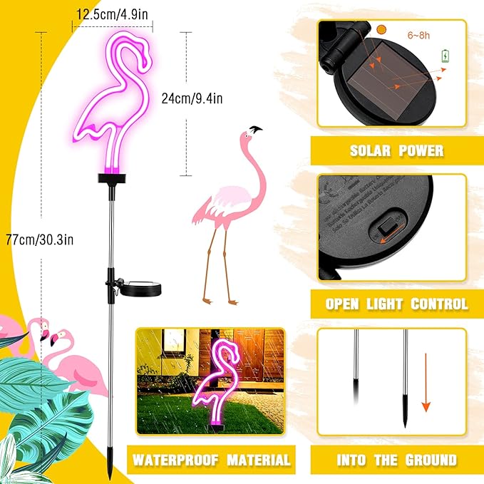 Hortsun Flamingo Solar Lights Outdoor Neon Light Yard Pink Flamingo Waterproof Decorations for Garden Patio Yard Pathway Decoration(4 Pack)