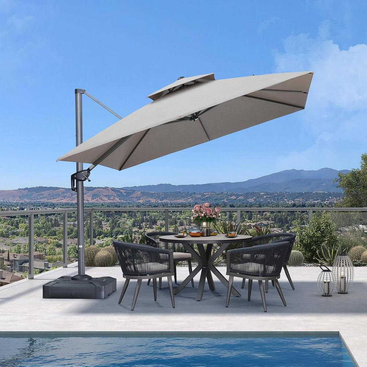 PURPLE LEAF Cantilever Umbrella Outdoor Double Top Deluxe 10 Feet Square Patio Offset Hanging Square Umbrella for Garden Pool Backyard Cast Ash