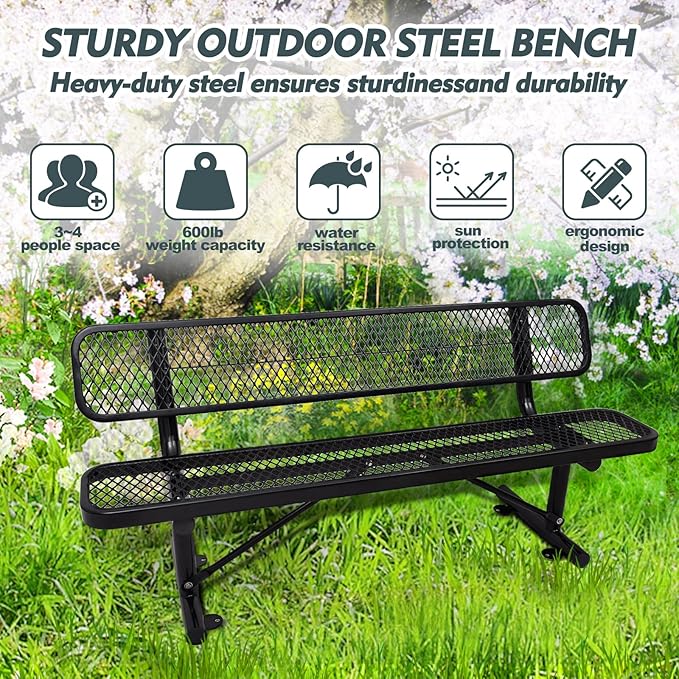 6FT Heavy Duty Park Bench with Back Portable Frame, Outdoor Metal Park Bench with Backrest, Steel Mesh Outdoor Bench for Garden, Lawn, Patio, Porch, Park, Yard (Black, 72.4" L x 23.2" W x 32.5" H)