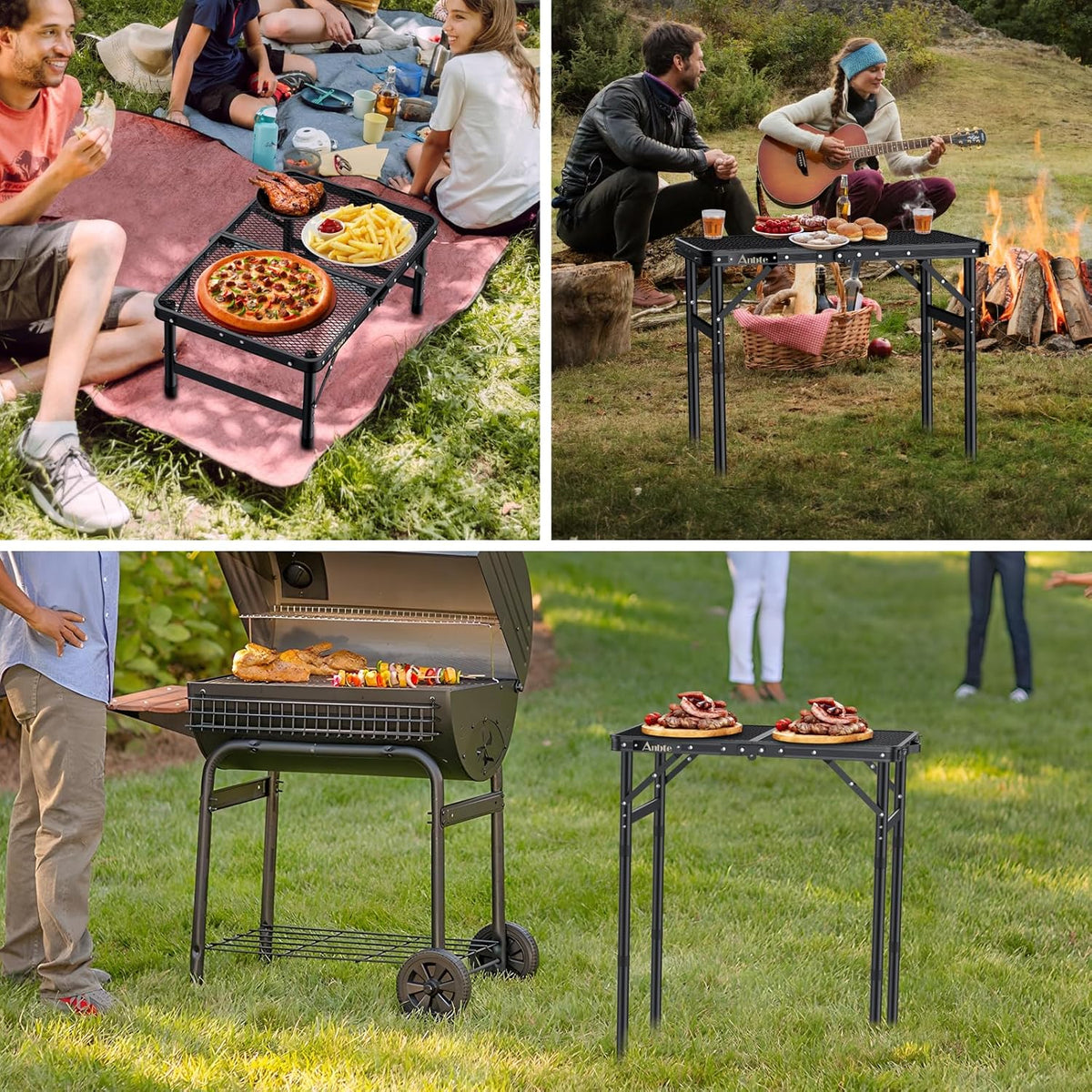 Folding Grill Table, Aluminum Camping Table Adjustable Height Max 27.5" Picnic Table Outdoor Table, Lightweight, Portable Handle for Travel Cooking BBQ Picnic, 22.8" x 16", Black