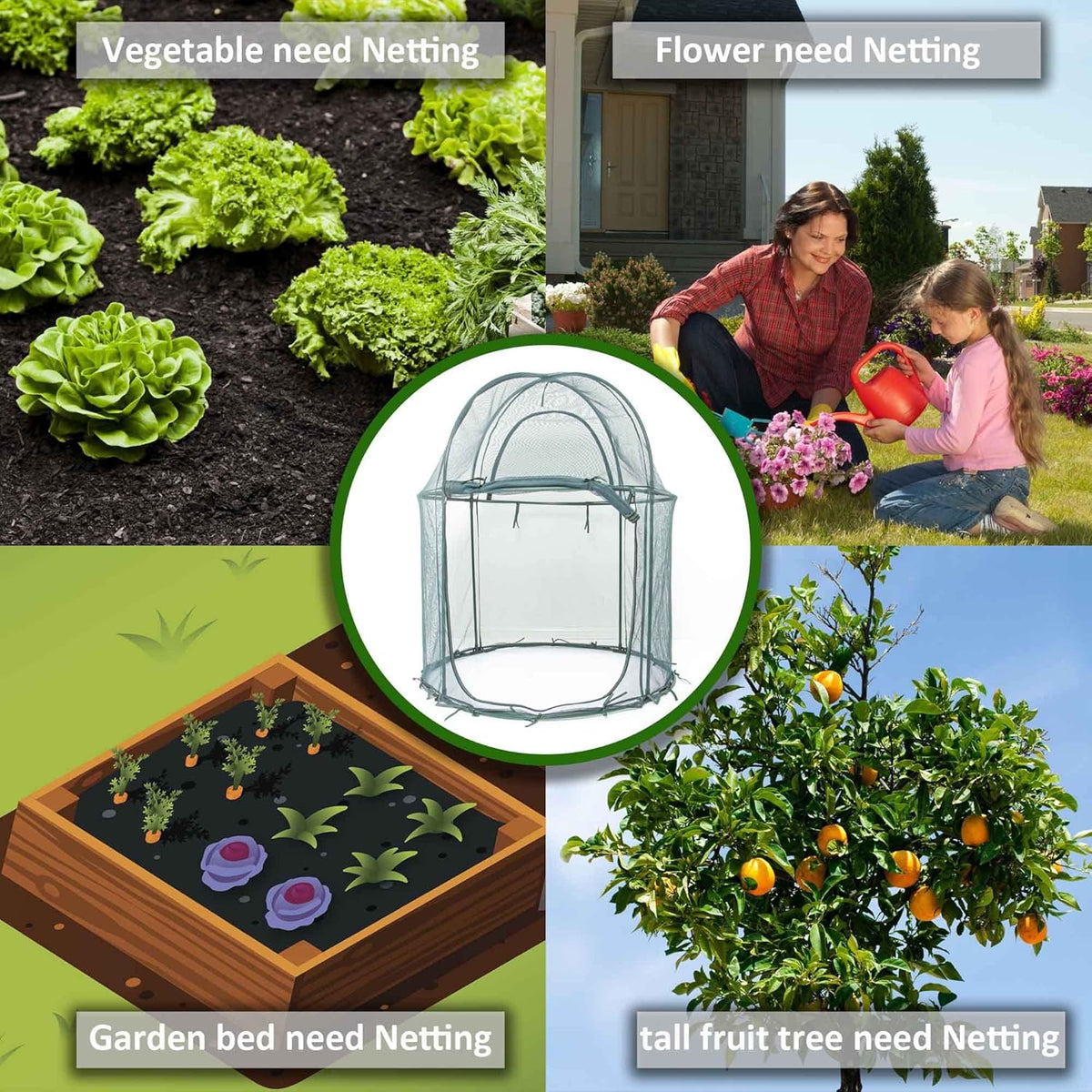 Round 4'x4' Large Plant Mesh Cover 4.9FT Tall Crop Netting Cage Pest Guard Cover for Vegetables Fruits Durable Plant Gardening Net
