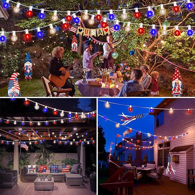 50Ft LED G40 Red White and Blue Lights Outdoor 4th of July Lights with 50+3 Shatterproof Bulbs for Patriotic Decor in Yard Garden Patio - Light up Memorial Day 4th of July Decorations Outdoor, 0.6W