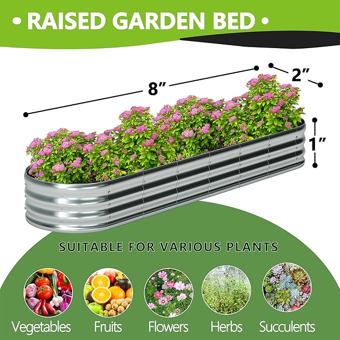 8x2x1ft Oval Galvanized Raised Garden Bed,Outdoor Planter Box Metal Patio Kit Planting Bed for Vegetables Flowers and Succulents