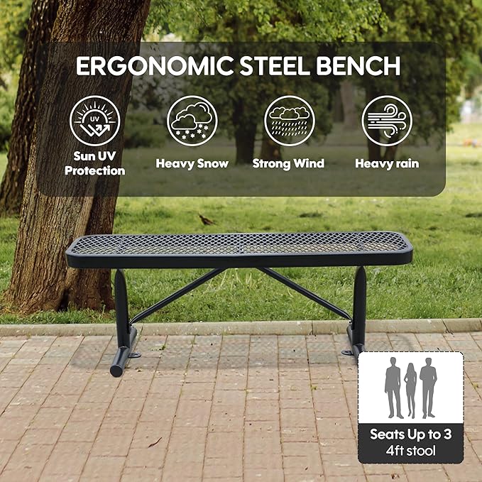 72" L Steel Flat Bench Garden Bench, Black Outdoor Park Bench Weather-Resistant Steel Metal, Patio Seating for Front Porch Backyard Park Outside, Metal Benches for Outside to dodrill to Ground